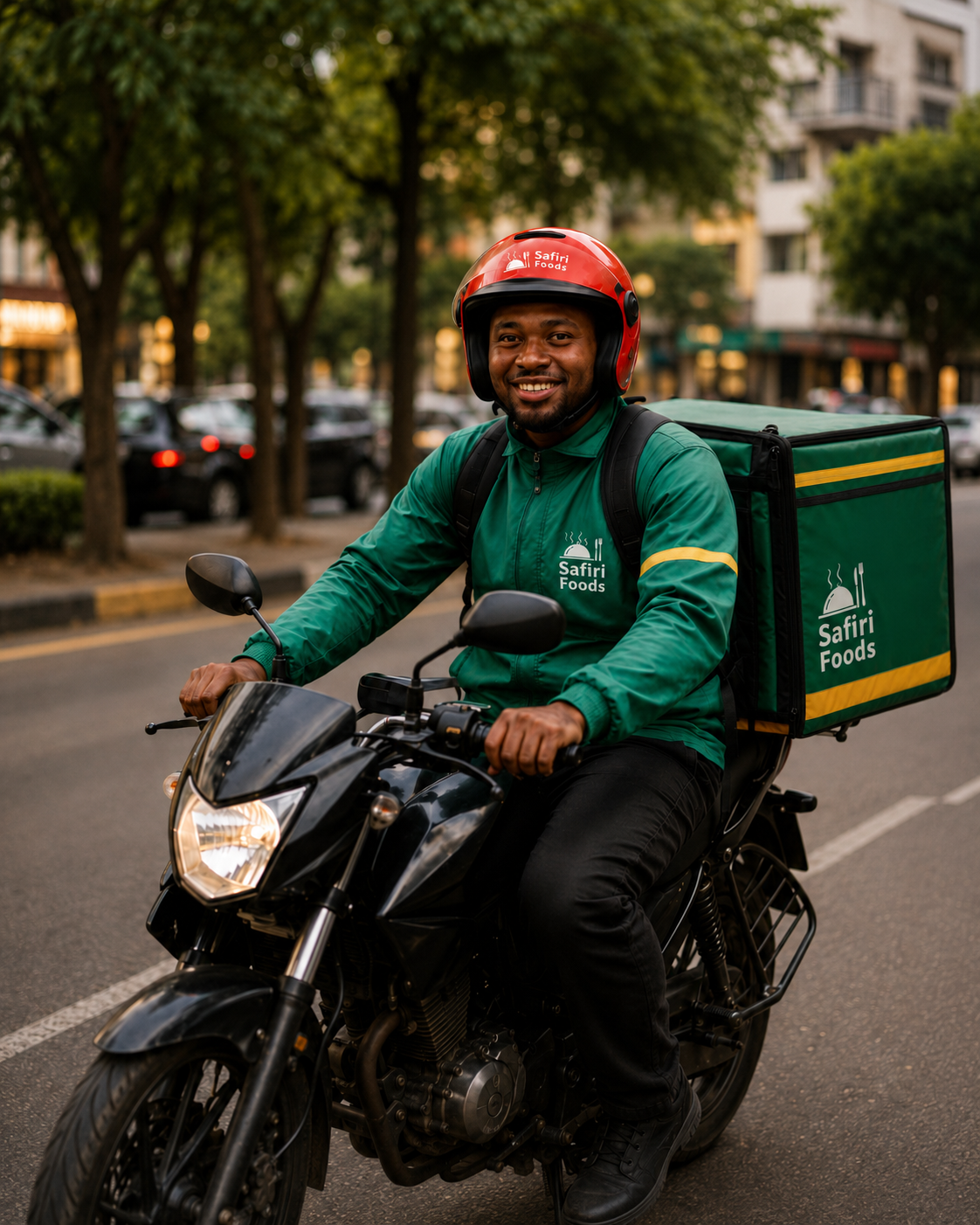 A Safiri Foods courier rider wearing a green delivery jacket on a motorcycle.