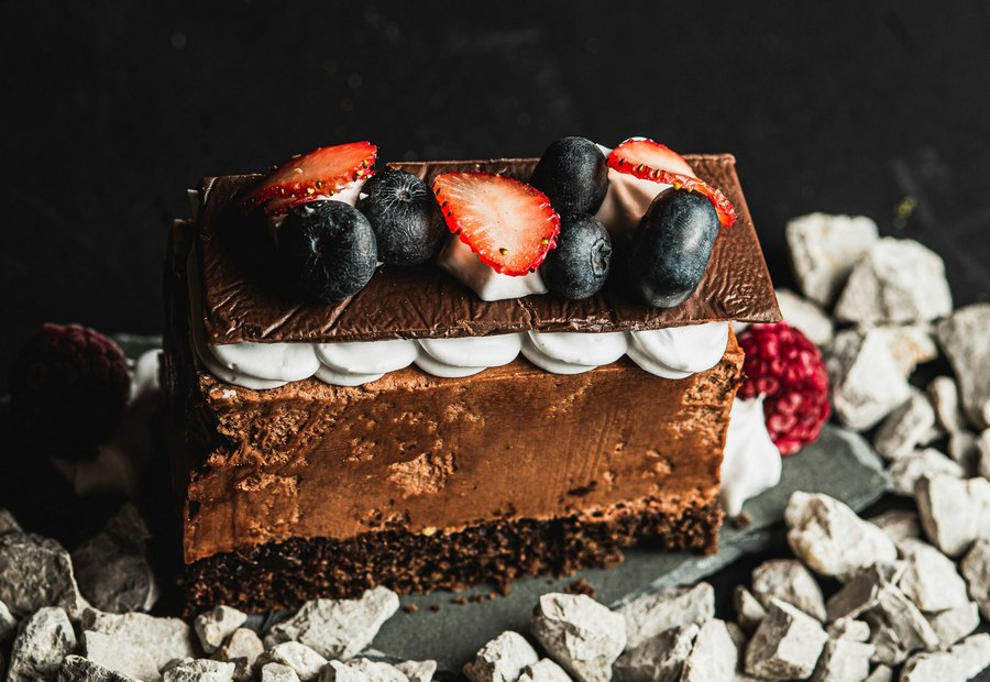 Chocolate cake and berry desserts.